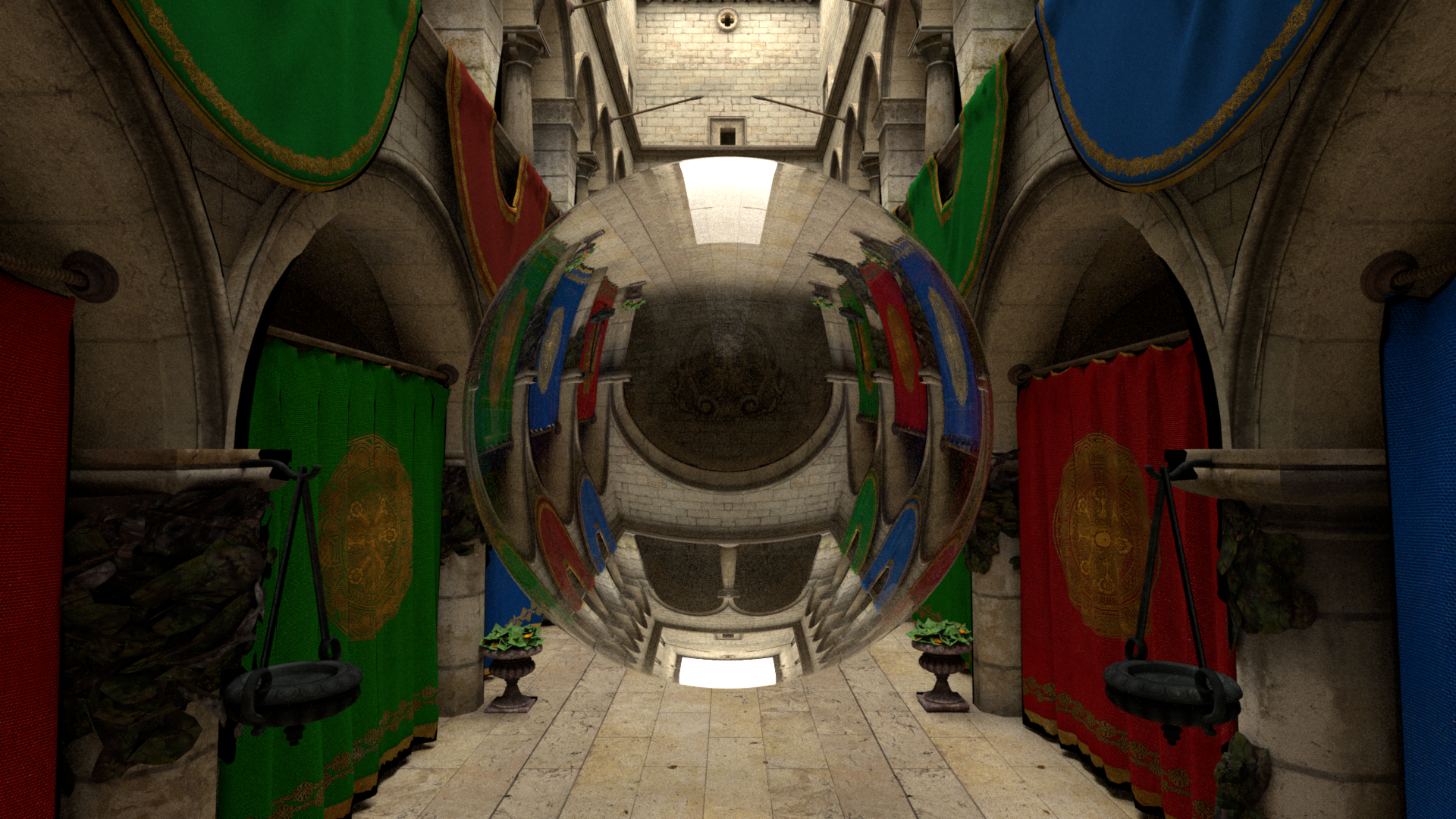 Sponza with a glass sphere, rendered by Kestrel